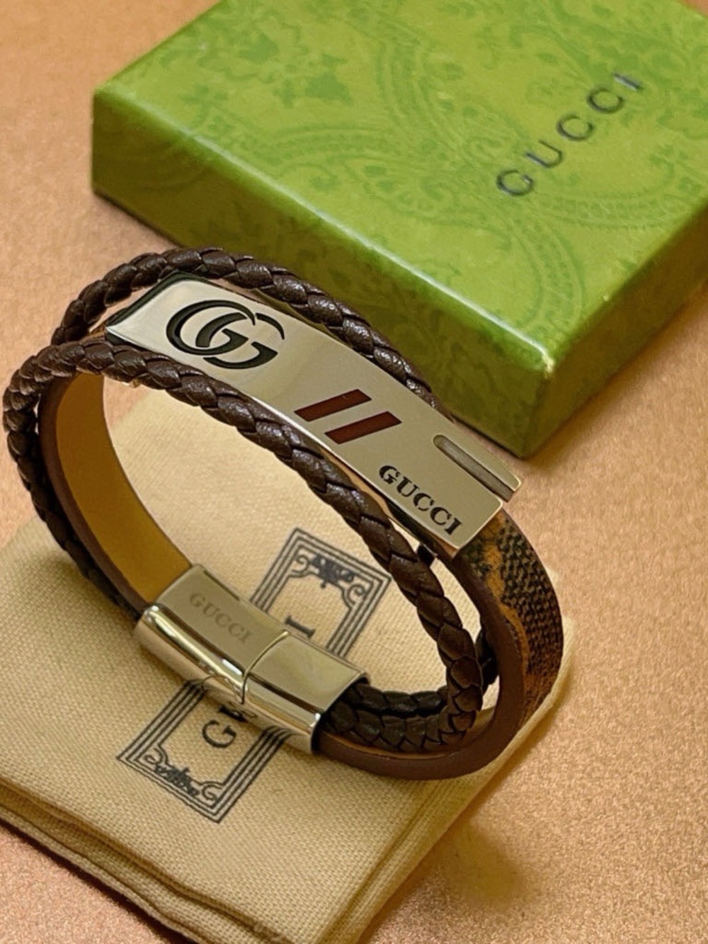 Gucci Brown Braided Leather Double Wrap Bracelet - Picture 3 of 6